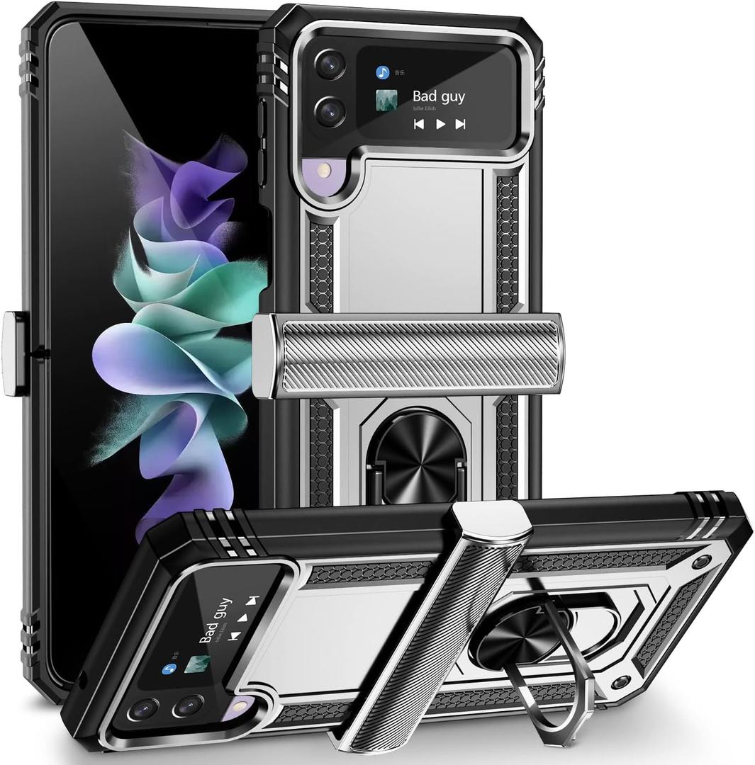 ONOLA Compatible with Samsung Galaxy Z Flip 4/3 Case with Hinge Protection and 360Rotate Ring Magnetic Kickstand Heavy Duty Protective Case for Galaxy Z Flip 3/4 (Silver)