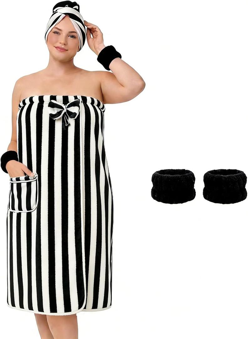 Defresit Plus Size Women's Towel Wrap (XXL-XXXXL) - with Hair Towel Wristbands Lightweight Shower Wrap Spa Bathrobe Body Wrap Adjustable Quick-Dry Comfortable Bath Towel Set Machine Washable Black