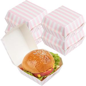Restaurantware 2.8 x 2.8 x 2 Inch Mini Burger Boxes 100 Clamshell Food Containers - Hinged Lid Striped Pink And White Paper Take Out Boxes Serve Sliders Or Finger Foods