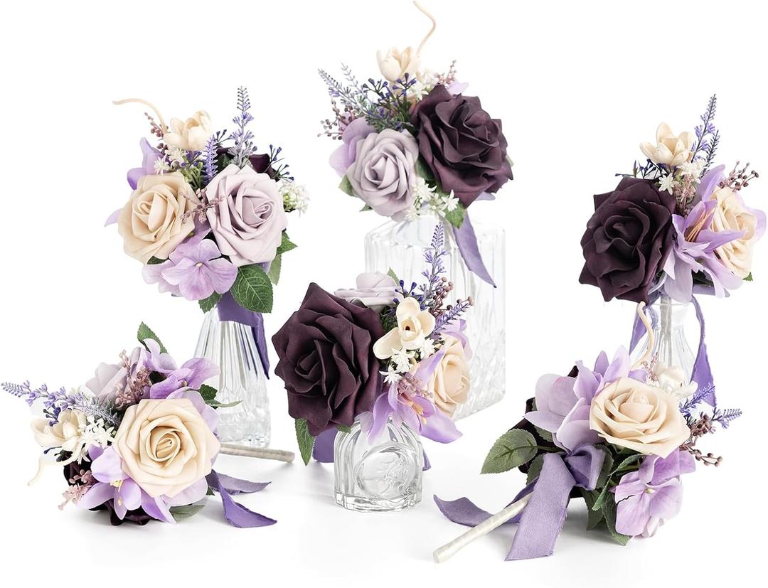 Ling's moment Light Purple Flowers Mini Bridesmaid Bouquets Set of 6 Pre-Made Lilac Small Floral Wedding Centerpieces (Lavender)