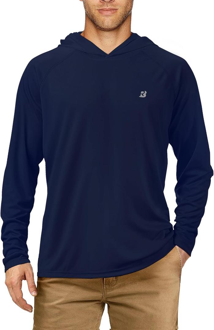Roadbox UPF 50+ Fishing Shirts for Men, Long Sleeve UV Sun Protection Hoodie, Outdoor Hiking Running Swimming Rash Guard (Medium, No Thumb Hole-dark Blue)