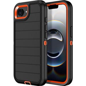 for iPhone 16e Case Heavy Duty 3-Layer[Shockproof][Dropproof][Dust-Proof] Military Grade Rugged Full Body Protection Cover Case for Apple iPhone 16e 6.1 inch 2025,Black/Orange