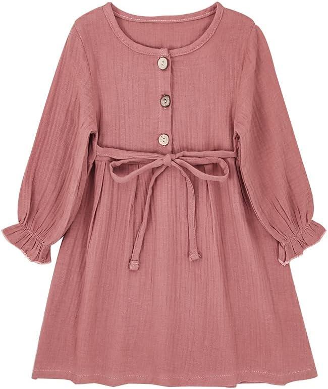 Toddler Baby Girl Cotton Linen Dress Long Sleeve Crew Neck Dresses Button Down Dresses Casual Spring Fall Dress (3-4T, Pink)