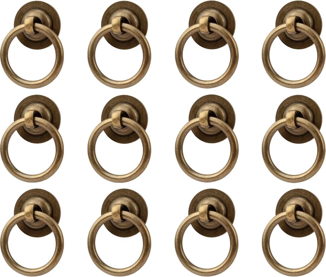 RZDEAL 12 Pack Solid Antique Brass Cabinet Pulls Ring Drawer Pulls, Antique Style Kitchen Cabinet Handles Pulls Vintage Pulls Brass Drawer Handles for Cabinets