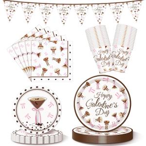 Qinyoung 25 Set Galentines Day Party Banner Decorations Espresso Martini Pink Bow Tableware Set Galentines Day Disposable Paper Dinner Plates Napkins and Cups for Valentines Party Supplies