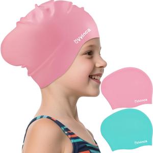 Vvinca Swim Cap Kids for Long Hair Braids Curly, 2 Pack Silicone Waterproof Swimming Caps for Toddler Girls Boys Age 3-8 Keep Hair Dry Pool Water Swim Hats (03-Pink& Green)