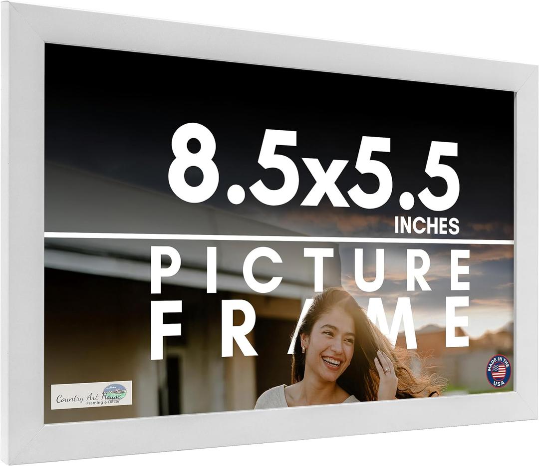 CountryArtHouse 8.5x5.5 Frame White Solid Wood Picture Frame Includes UV Acrylic Shatter Guard Front, Acid Free Foam Backing Board and Hanging Hardwar