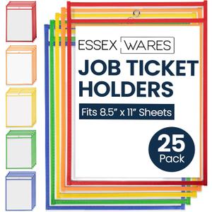 Essex Wares - 25 Pack, Assorted, Job Ticket Holders, 10" Wide x 13.5" Tall - Clear Plastic Shop Ticket Holders - Easy to Use, Reusable & Easy Erase Plastic Invoice Holders, Water-Resistant & Durable