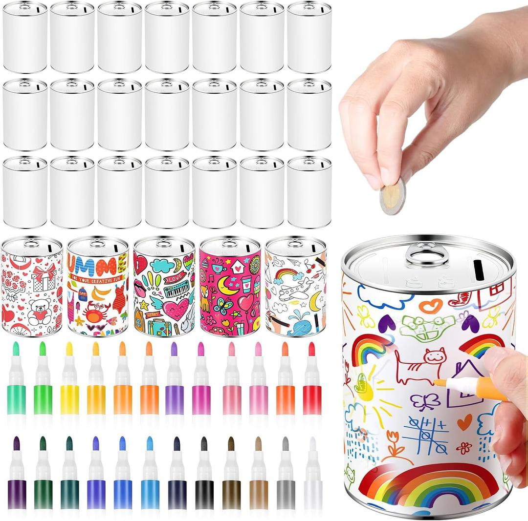 Tandefio 24 Pcs DIY Coin Piggy Bank Metal Money Piggy Bank Saving Box Operation with 24 Acrylic Paint Markers Craft for Creative Gift Boys Girls Birthday Party Supplies (White)