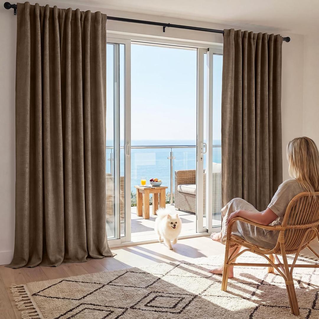 RYB HOME 100% Blackout Linen Textured Curtains 96 inches Long, Thermal Insulating Privacy Energy Saving for Bedroom Living Room Window Office Theater Dining Nursery, W 52 x L 96 in, Coffee, 2 Panels