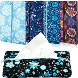 5 Pieces Tissues Purse Pocket Tissue Holder Reusable Travel Pouch Fabric Zipper Enclosed Small Size Flower Pattern Holder for Purse Coins for Christmas, 5.25 x 3 Inches (Floral Style)