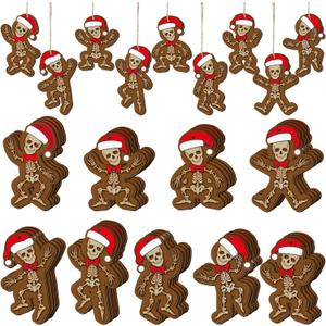 Huwena 36 Pcs Christmas Wood Ornaments Skeleton Gingerbread Man Ornaments Christmas Wooden Hanging Tree Decorations with Rope for Xmas Home Decorations