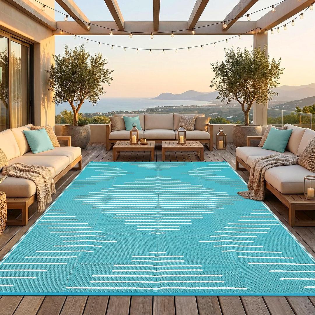 Garvee 10x14 Outdoor Rugs Waterproof Easy-Cleaning Light Blue White