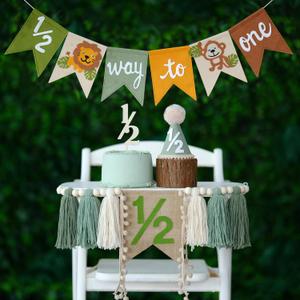 1/2 Birthday Decorations Baby Boy Wild Half Way To One Banner 1/2 High Chair Banner with Birthday Hat and Cake Topper Sage Green for 6 Months Party Decor