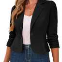 Traleubie Women's Cropped Blazers 3/4 Ruched Sleeve Lightweight Office Wear Short Blazer with Button, L