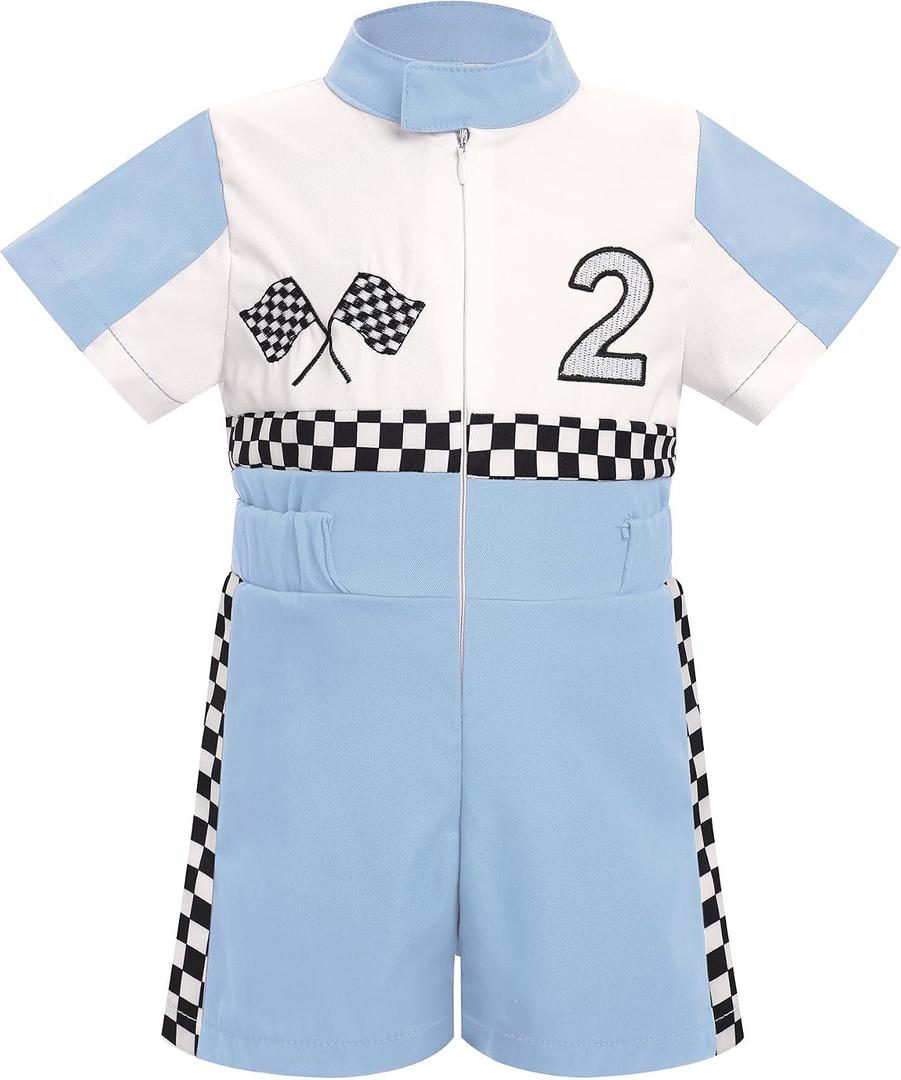 IDOPIP Baby Boys 1st 2nd Birthday Outfit Race Car Driver Romper Girls Boy Racer Jumpsuit Racing Suit Toddler Dress up Costume, 18-24M