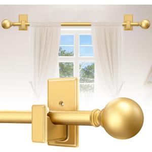 TKZTKZ Curtain Rods No Drilling, 32-45 Inch Adjustable No Drill Curtain Rod with Adhesive Brackets, 5/8" Renter Friendly Stick On Rod for Apartments, Bedroom, RV, Heavy Duty 20-30 lbs, Brass Gold