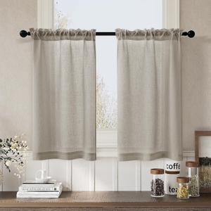 2 x Linen Curtains Short with Rod 36 Inch Length Farmhouse Boho Small Window Curtains Semi Sheer for Bathroom Basement Burlywood Birch 2 Panels Set