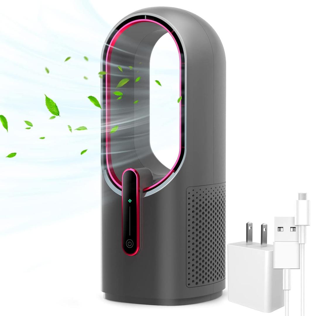 Desk Fan Bladeless, 11.8 Inch Office Fan Small, Quiet, 3 Speed Adjustment, Touch Control, Easy to Clean, Desk Fans Small Quiet, Ideal for Office, Living Room, Bedroom (Gray/Dark Red)