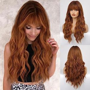 HAIRCUBE Ombre Auburn Wig with Bangs Long Curly Wig with Bangs orange wig Natural Appearance Heat-Resistant Synthetic Wig Suitable for Fashionable Women