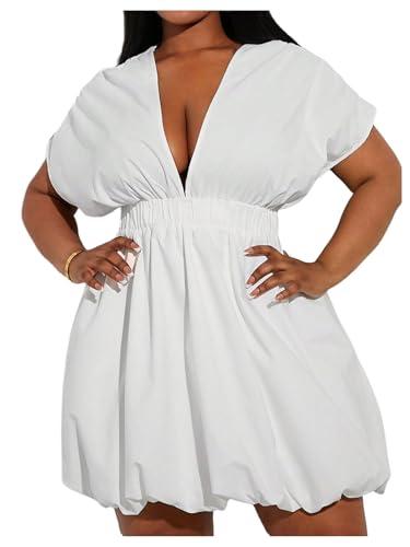 WDIRARA Women's Plus Size Deep V Neck Bubble Dress Short Sleeve A Line Mini Dresses White 3X-Large Plus