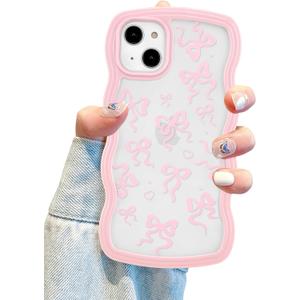 Aitipy for iPhone 14 Plus/15 Plus Case, Wavy Frame Cute Ribbon Bowknot Pattern Aesthetic Transparent Back Soft TPU Shockproof Phone Case for Women Girls, Pink
