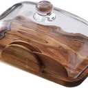 Wooden Butter Dish with Lid, Glass Cover Cheese Storage Container for Countertop Snacks Desserts Organizer Kitchen Decor, 7.08X5.11X3.74 Inch