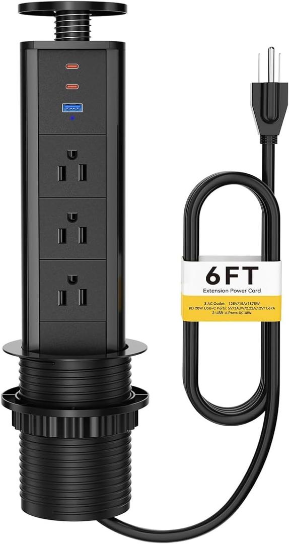 Kungfuking Pop Up Outlet for Countertop, Socket with 3 AC Outlets & 2 PD 20W USB-C & 1 USB-APorts, Pull Power Kitchen Conference Office, 3-3/8 Inch(85MM) Hole Grommet Strip, Dark Black