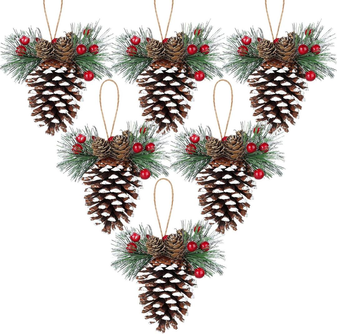 6 Pieces Natural Pinecone Ornaments for Christmas Tree Fall Mini Rustic Pine Cone Hanging Ornament Christmas Tree Decorations Small Thanksgiving Ornament with Pine Needle Berry for DIY Crafts Wedding