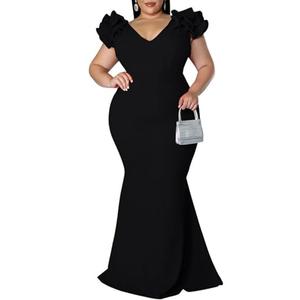 Women's Plus Size Maxi Dress Elegant V-Neck Ruffle Sleeves Bodycon Mermaid Dresses Evening Gown Black 5XL
