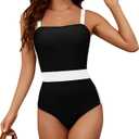 Womens One Piece Swimsuits Summer Tummy Control Bathing Suit Color Block Square Neck Slimming Swimwear (Medium, Black)