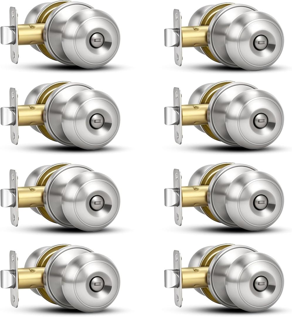 Plustool 8 Pack Brushed Nickel Door Knobs,Privacy Door Knob with Lock, Interior Doorknobs Silver, Keyless Door Locks Set for Bedrooms Bathrooms, Reversible for Left/Right Door Handle