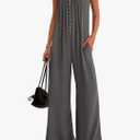 KIRUNDO Summer One Piece Jumpsuits For Women 2025 Casual Loose Button Sleeveless Romper Knit Wide Leg Overalls With Pockets M Green