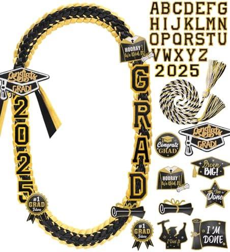 Graduation Lei Class of 2025 Money Leis for Graduation 2025 Ribbon Lei with Braided Necklace Glitter Patches for Him Her High School College Congrats Grad Gifts Party Supplies