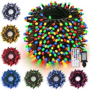 iShabao RGB Color Changing String Lights, 115ft 300 LED Red Wihte Blue Light with Remote Timer, Wateproof Plug in,July 4th Patriotic Lights for Wreath Home Party Yard Garden Tree Decor