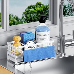 Kitchen Sink Sponge Holder - Self-Draining, Detachable Dish Cloth Holder, Rustproof Kitchen Countertop Organizer (White)