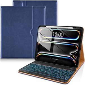DTTO for iPad Pro 13 Inch Case with Keyboard M5/M4 2025/2024, 7 Colors Backlit Wireless Detachable Keyboard Premium Leather Folio Cover with Pencil Holder & Pocket, Navy Blue