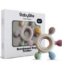 2 x [BabyBite] Teethers Silicone and Beechwood Animal Teether for Sensory and Developmental Play for Baby and Toddler 100% BPA Free Food Grade Silicone, Beige