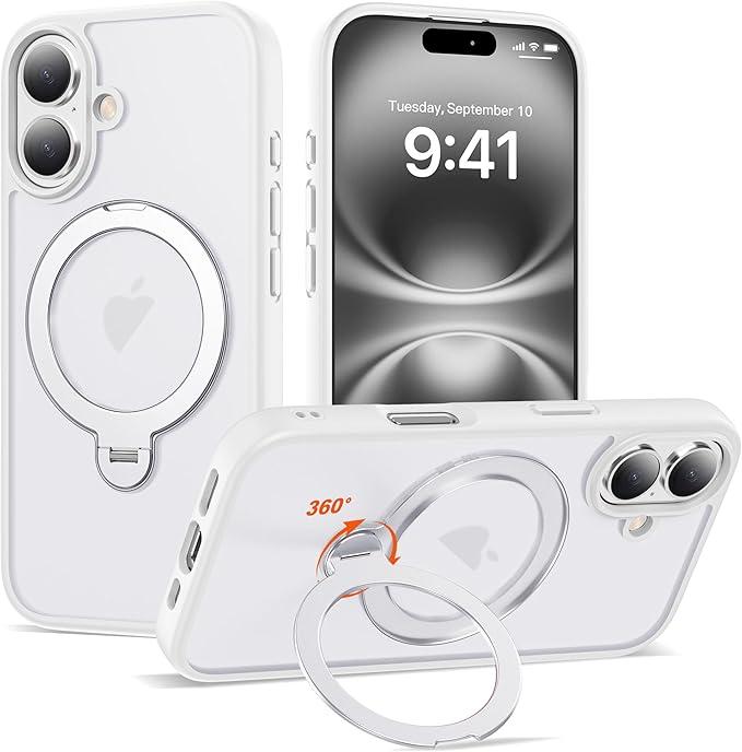 2 x SKYLMW Compatible with iPhone 16 Case with 360° Spin Magnetic Ring Stand [Compatible with Mag-Safe][Military Grade Protection] Translucent Matte iPhone 16 Phone Case 6.1", White