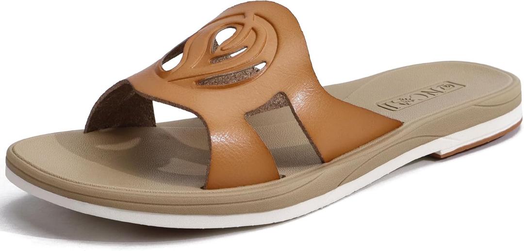 ONCAI Slides for Womens,Flat Dressy Square Toe Summer Beach Sandals for Woman with Comfortable Non-slip Rubber Soles Size 6-11 (8, Fashion Beige)