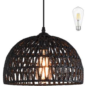 Black Woven Pendant Light Boho Chandelier Light Fixture Wicker Pendant Light Rattan Light Pendant Woven Light Fixture Dome Pendant Light for Dining Room Bedroom Kitchen Island (Bulb Incl) (12.2" Black)