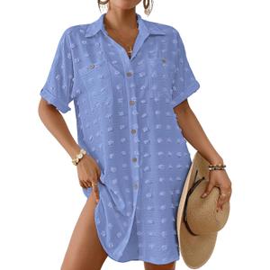 Bsubseach Swimsuit Coverup for Women Swiss Dot Bathing Suit Swimwear Button Down Beach Shirt Cover Up Resort Wear Light Blue M