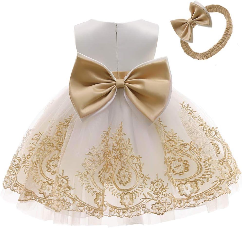TUIJI 0-6T Big Bowknot Toddler Baby Girls Formal Dresses Pageant Party Lace Embroidery Dress with Headwear (3-4T, White+gold)