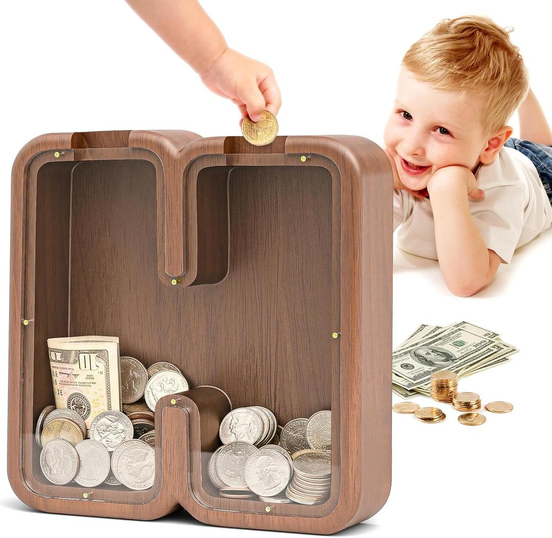 Summidate Letter Piggy Bank for Smarts Kids Girls Wooden Savings Box for Boys Coin Banks for Baby,Personalized Cute Initial Money Banks, Birthday Gift for Toddlers (H) (9", Cartoon-h-9")