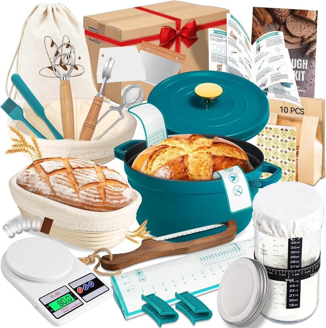 Upgraded All-Inclusive Sourdough Starter Kit with Pot, Sourdough Bread Baking Supplies, 34 Oz Starter Jar, 2 Banneton Bread Proofing Baskets, Scraper, Scale, Lame, Sour Dough Tools
