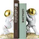 Space Theme Bookends for Shelves, Astronaut Moon Book Ends for Kids Room, Decorative Planet Book Stoppers to Hold Books Heavy Duty, Unique Boys and Girls Gift (Gold)