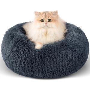 Calming Dog Beds - Round Donut Washable Dog & Cat Bed, Anti-Slip Faux Fur Fluffy Cuddle Anxiety Relief (16" Dark Grey) (16"L x 16"W x 8"Th)