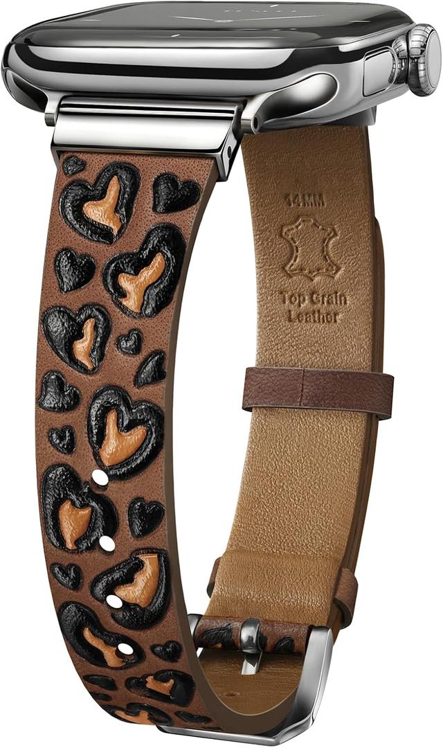 Slim Leopard Leather Bands Compatible with Apple Watch 38mm 40mm 41mm 42mm 44mm 45mm 46mm 49mm for Women, Thin Engraved Genuine Leather Strap for iWatch Series 11 10 9 8 7 6 5 4 3 SE Ultra