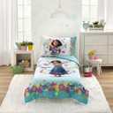 Disney Encanto Tropical Delight Pink and Aqua Flowers and Butterflies 4 Piece Toddler Bedding Set - Comforter, Fitted Bottom Sheet, Flat Top Sheet and Reversible Pillowcase