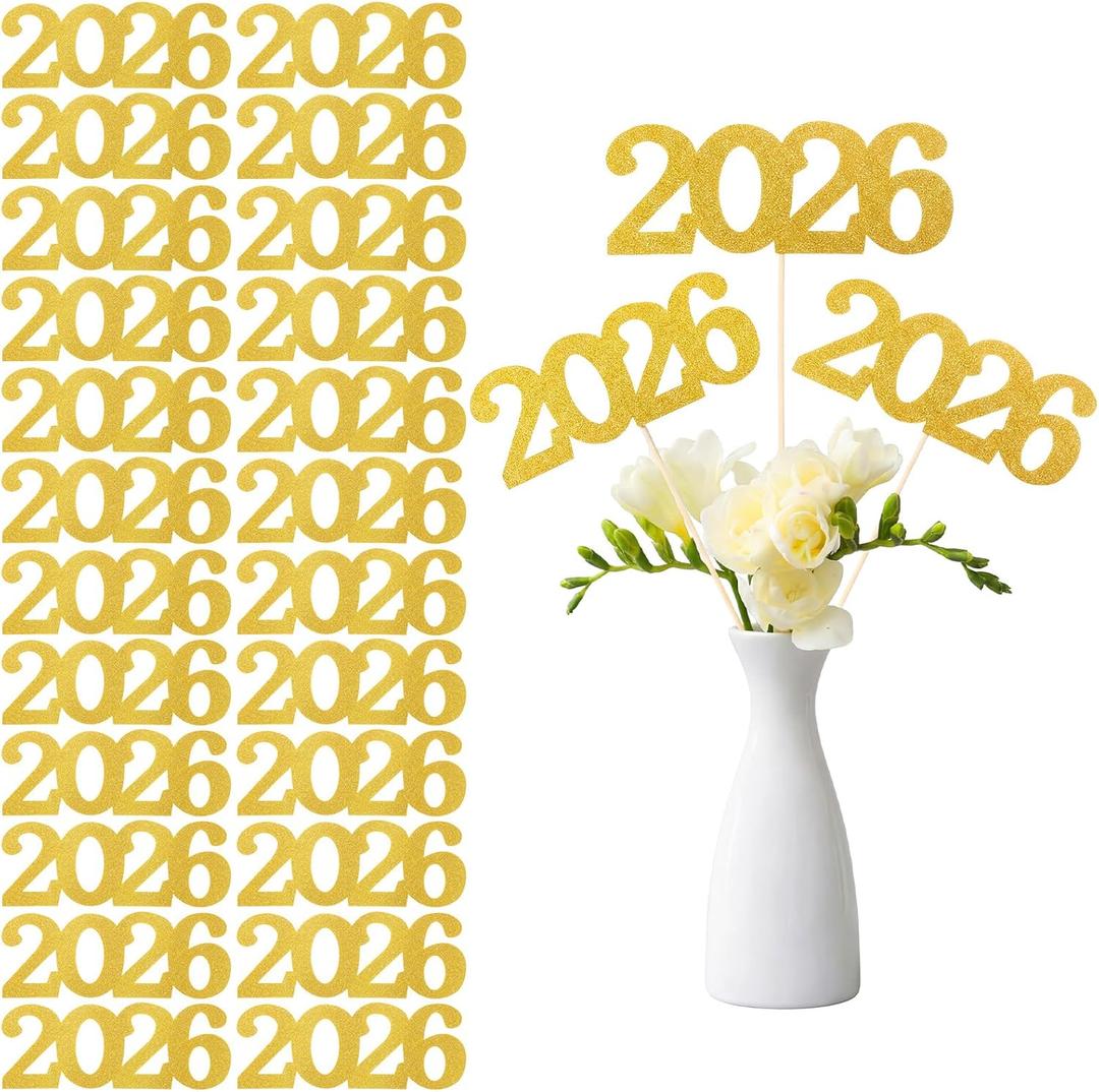 2026 Graduation Centerpiece Sticks 24 Pack Double Sided Glitter Numbers 7.1 x 2.8 Inch with 48 White Adhesive Squares and 24 Bamboo Sticks 7.9 Inch for Gold Grad Party Decorations